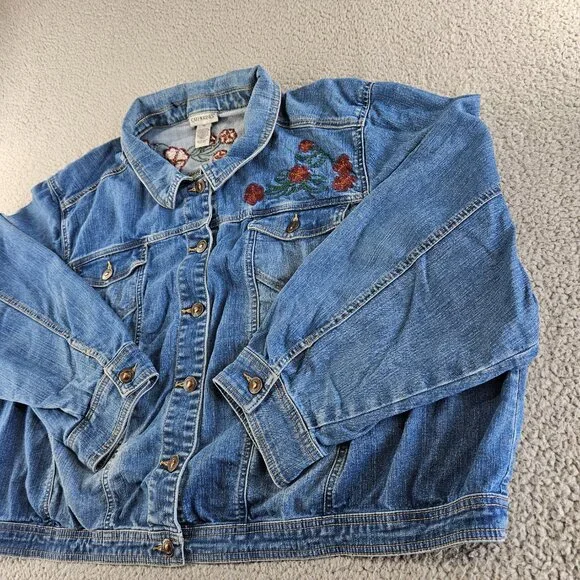 sold Catherines Denim Jacket Womens 2X Blue Cropped Embroidered Floral Trucker - Picture 6 of 13